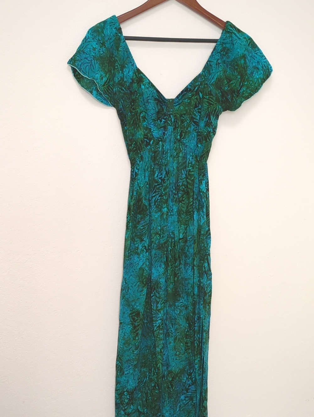 Women's Teal & Emerald Batik Maxi Dress - V-Neck Flutter Sleeve